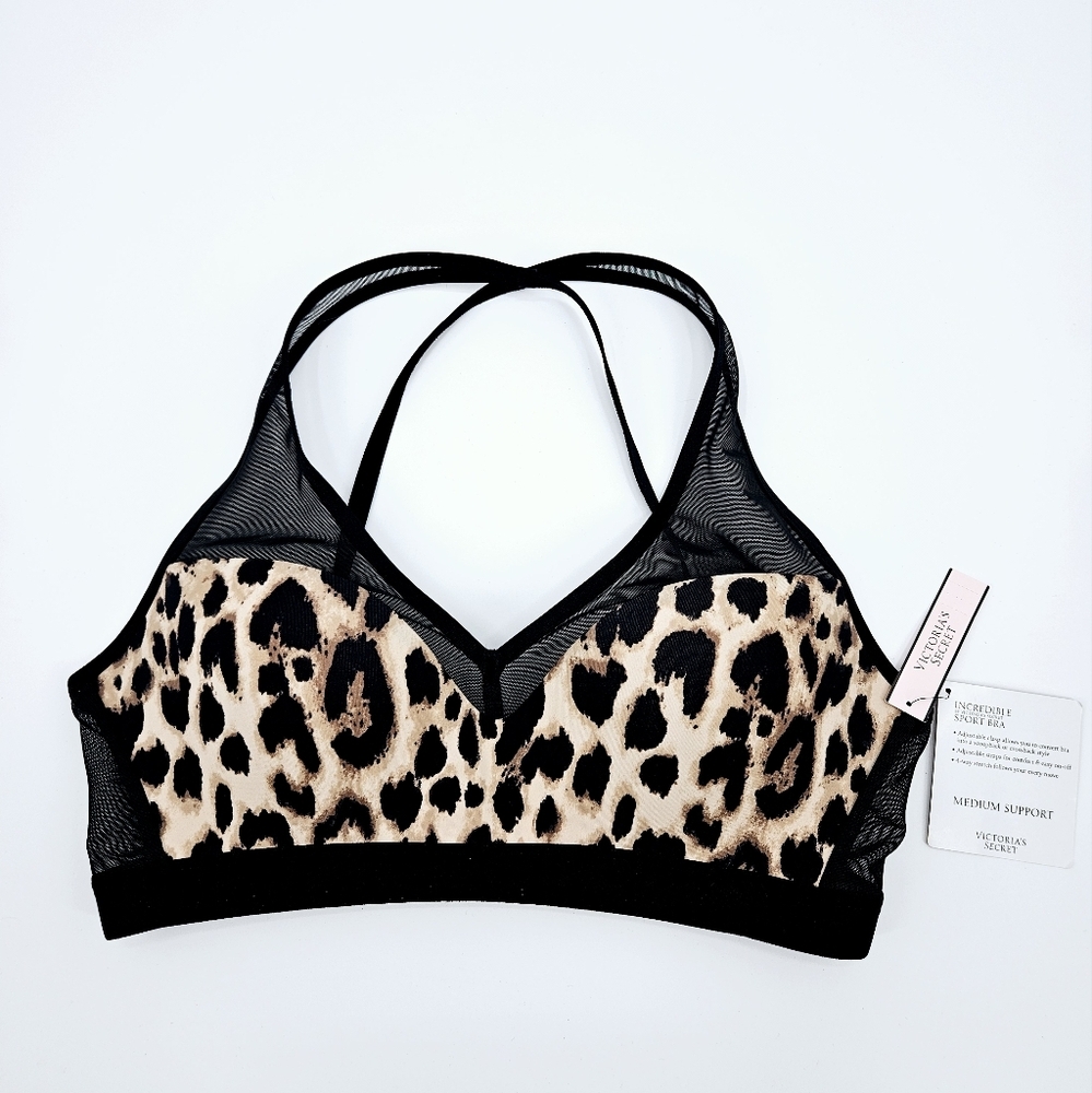 Victoria’s Secret Incredible Sport Bra Leopard Mesh Strappy Back 34C NWT